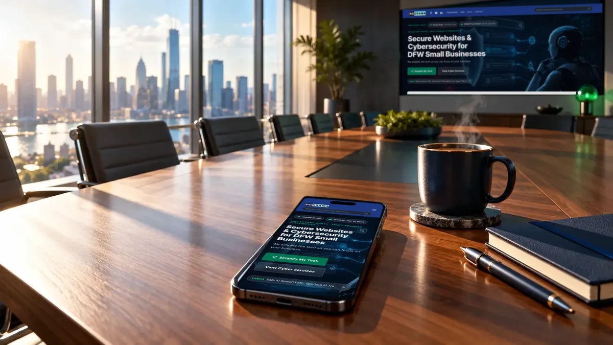Sunlit boardroom in the morning, the PCDrama homepage fully loaded on a phone on the table and on the wall screen, with steaming coffee beside it