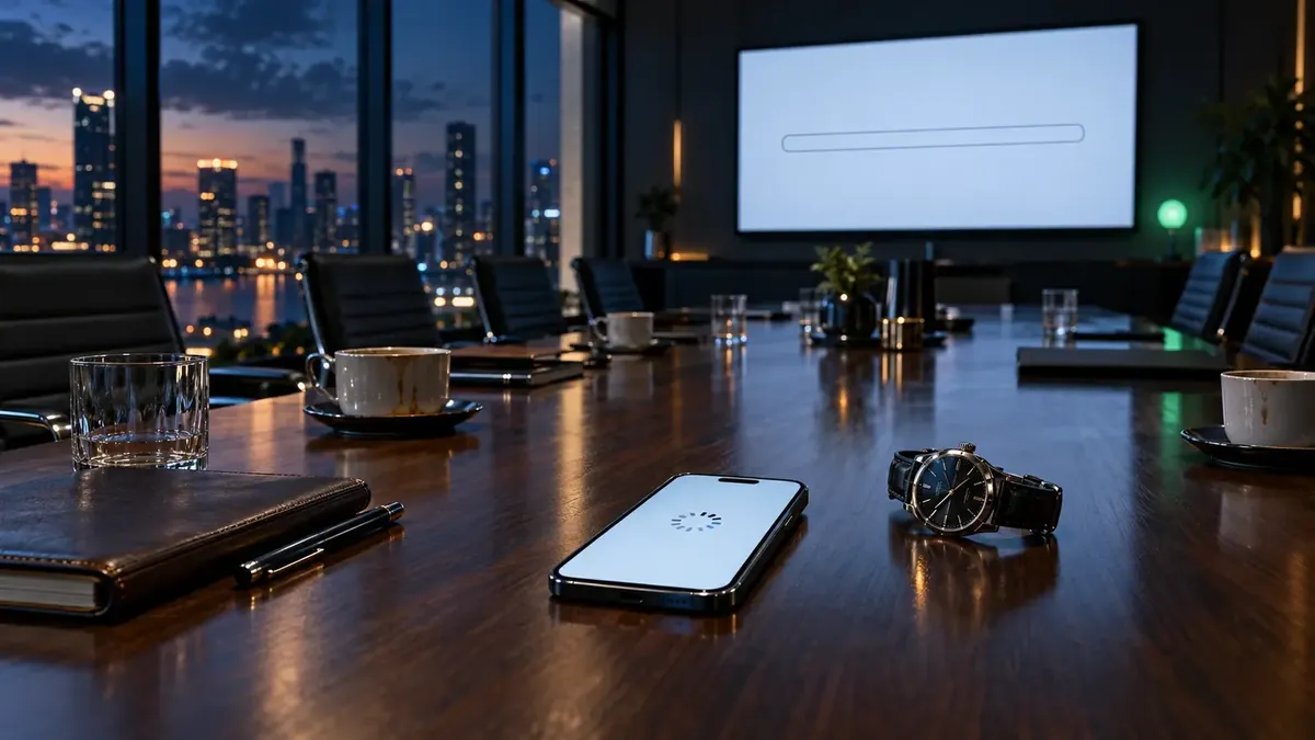 Empty boardroom at dusk, a phone on the table stuck on a loading spinner beside a wristwatch and cold coffee, a blank progress bar on the wall screen