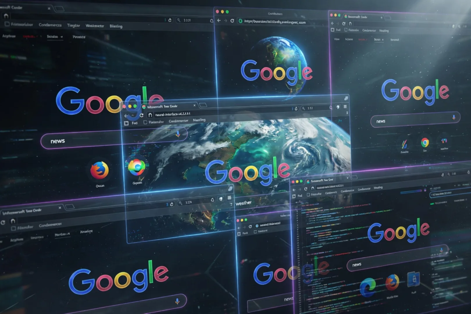 Multiple Google search windows and browser panels showing AI crawler discovery and citation traffic across the web